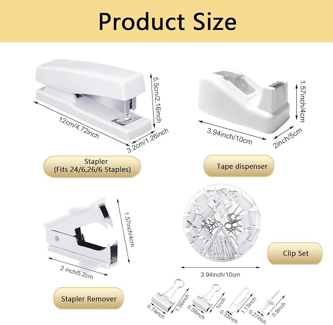 Office Supplies,White Desk Accessories,Office Supplies Set,Stapler and Tape Dispenser Set,Scissors,Staple Remover,Binder Clips,Staples,Ballpoint Pen,Index Tabs with Ruler,Clear Tape.9pcs for Office