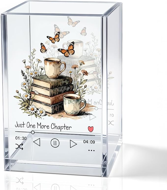 Just One More Chapter Acrylic Pencil Pen Holder Cup, Reading Book Club Makeup Brush Storage Organizer, Cute Bookish Desk Accessories Holder Gifts for Daughter Librarian Teacher Holders (C)