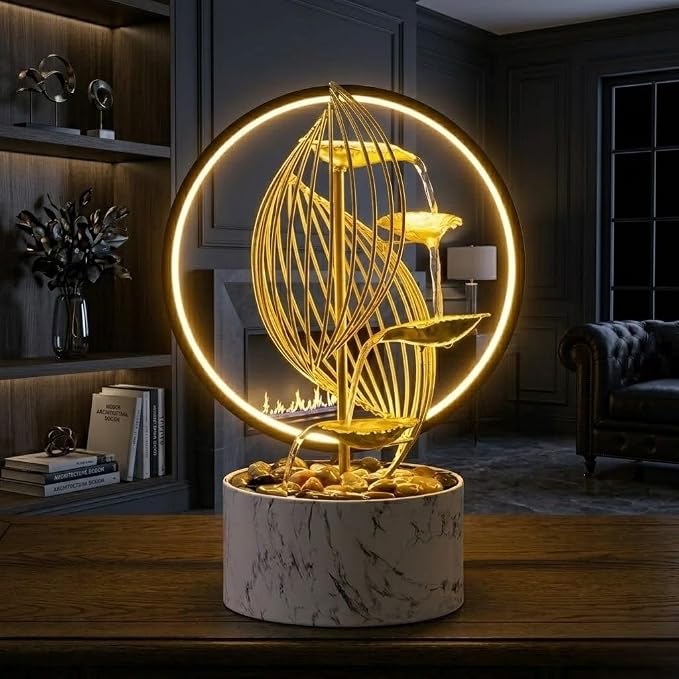 15'' H Large Golden Tabletop Water Fountain with Led Light for Indoor Meditation Yoga Spa Room Decor