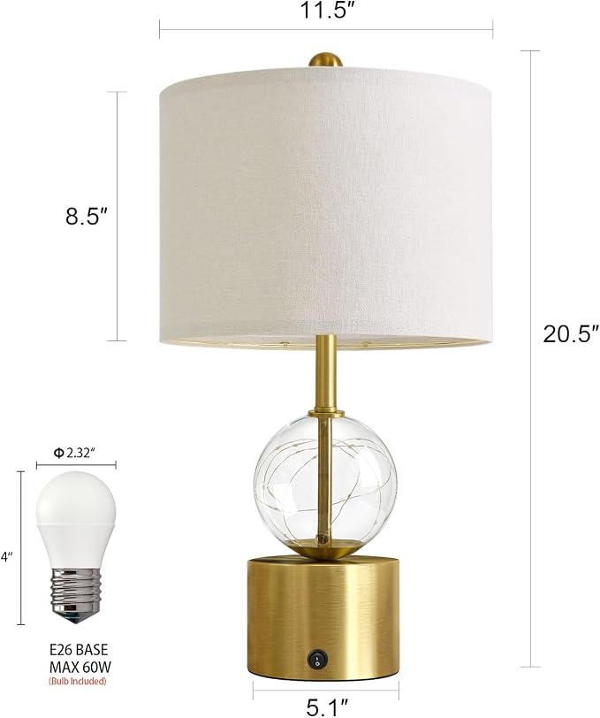 Oneach 20.5" Small Bedside Table Lamps for Bedroom Nightstands, Gold Glass Modern Table Lamps Set of 2 with USB A+C Charging Port, Night Light, Luxury Lamps for Living Room End Table(Bulbs Included)