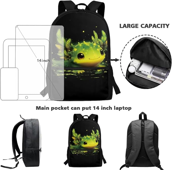 WELLFLYHOM Axolotl 17 Inch School Backpack for Kids 5-6 Girls Kawaii Book Bag with Lunch Box Pencil Case Water Bottle Case Back to School Supplies
