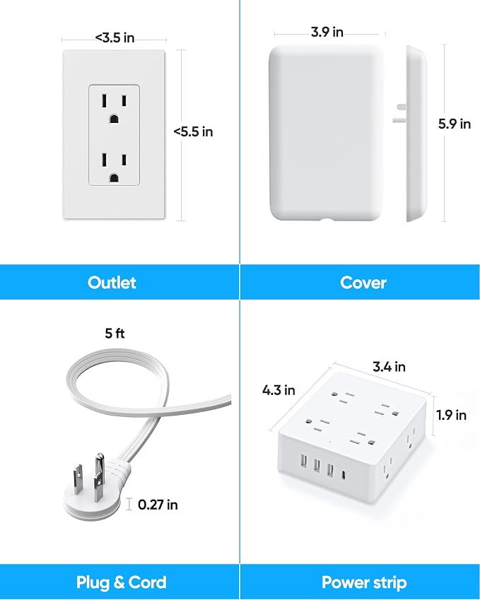 Olcorife Flat Extension Cord with Outlet Cover, Flat Plug Power Strip with 8 Outlets and 4 USB Ports, 3 FT Cord Hidden Outlet Extender for Tight Spaces