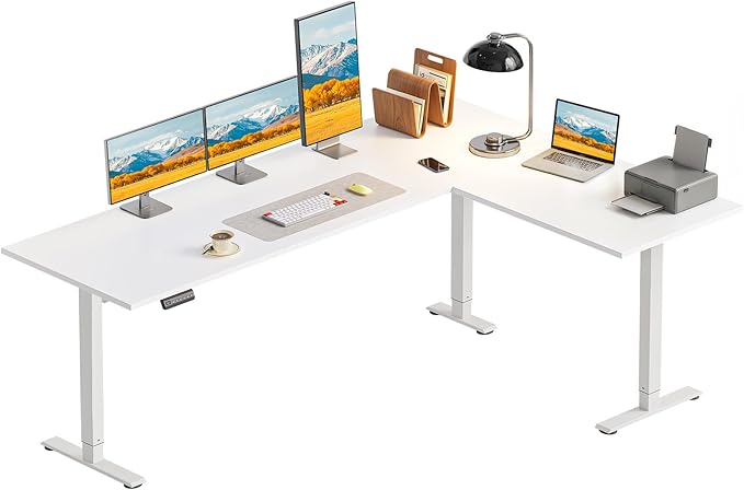 OffiGo 71 Inch Reversible L Shaped Electric Standing Desk, Height Adjustable Corner Stand up Desk, Ergonomic Large Lift Computer Table for Home, Office, Workstation, White