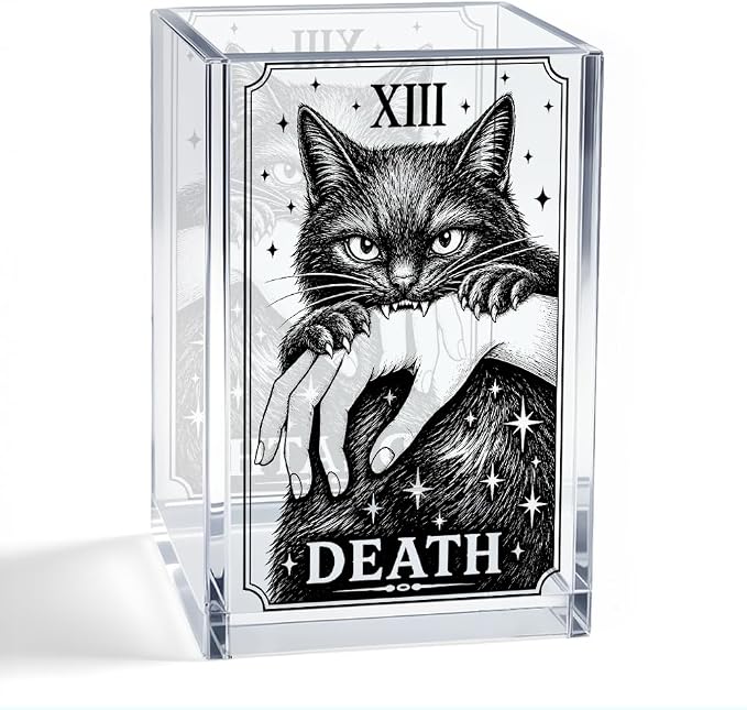Death Tarot Card Acrylic Pen Holder, Gothic Black Cat Desk Pencil Cup Organizer, Halloween Office Decor Accessory, Halloween Witchy Gifts for Women Student Tracher Tarot Reader Cat Lover