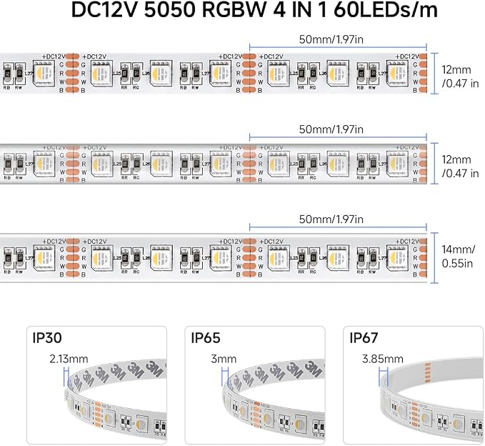 BTF-LIGHTING RGBW LED Strip Lights,UL Listed,5050 4 Colors in 1 RGB + 6000K-7000K Cool White,12V DC,16.4ft/5m 60LEDs/m 12mm White PCB, IP30 for Home Decoration(No Adapter or Controller)