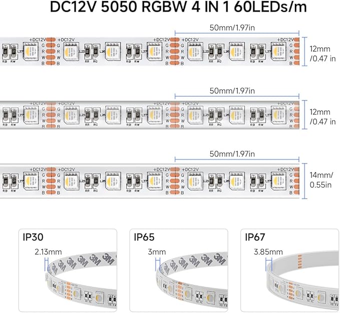 BTF-LIGHTING RGBW LED Strip Lights,UL Listed,5050 4 Colors in 1 RGB + 2700K-3000K Warm White,12V DC,16.4ft/5m 60LEDs/m 12mm White PCB, IP30 for Home Decoration(No Adapter or Controller)