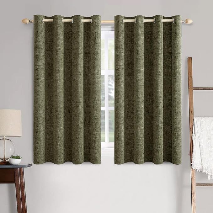 MIULEE Linen Texture Curtains for Bedroom Solid 100% Blackout Thermal Insulated Light Olive Green Curtains Grommet Room Darkening Drapes for Living Room 52x45 Inch (2 Panels)