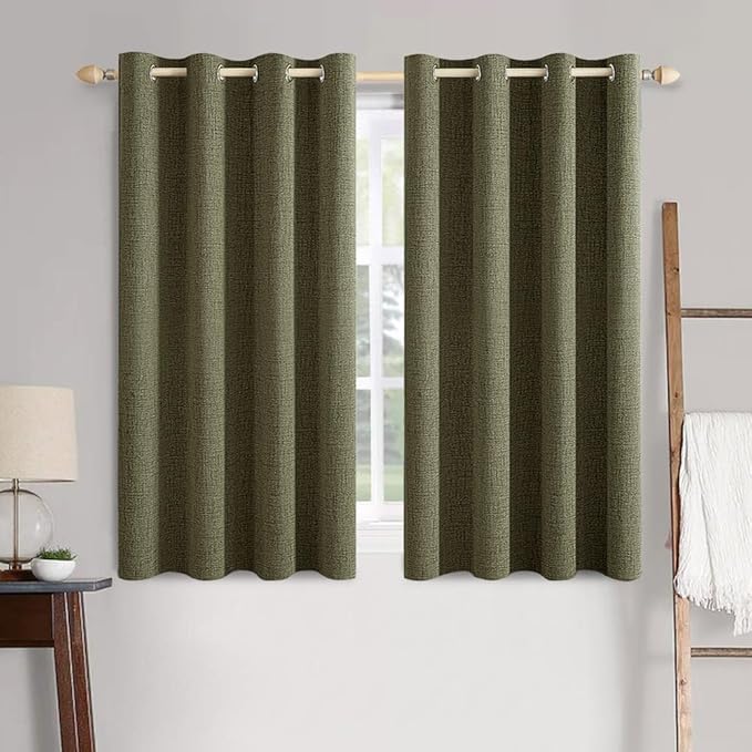 MIULEE Linen Texture Curtains for Bedroom Solid 100% Blackout Thermal Insulated Light Olive Green Curtains Grommet Room Darkening Drapes for Living Room 52x54 Inch (2 Panels)
