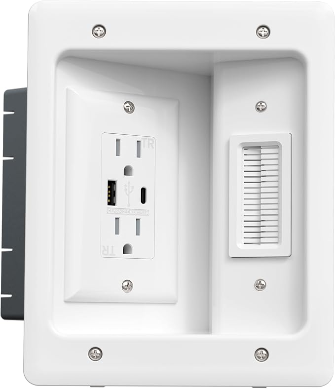 in-Wall Cable Management Kit, Dual Outlet Cable Hider with TypeC/USB Power Port (Unwired), Cutting Template, Perfect for Wall Mounted TVs