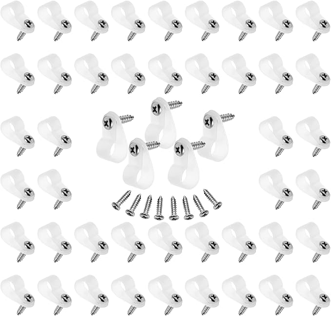60pcs 3/8 Inch Nylon Cable Clamps, White R-Type Wire Cable Clips | M4 Screws, Screw Mounting Cord Fastener, Wire Conduit Clamp, Wire Management