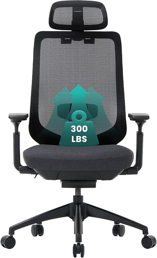 COLAMY Ergonomic Mesh Office Chair,High Back Computer Executive Desk Chair,Lumbar Support with Adjustable Headrest and 4D Arms, Slide Seat, Tilt Lock-Black