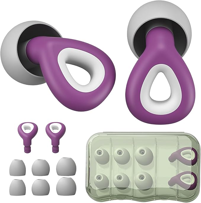 Ear Plugs for Sleeping Noise Cancelling - Purple Reusable Earplugs for 24dB Noise Reduction Snoring Concerts Sleep Deep Focus Work Travel Study, Silicone Flexible Hearing Protection Ear Plugs +3Tips