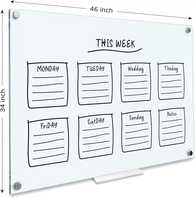 SCRIBBLEDO Glass Whiteboard 46 x 34 inch (4' x 3') Glass Dry Erase Board for Wall Frameless Large Office Wall Mount Frosted White Board for Work Home and School with Tray Included