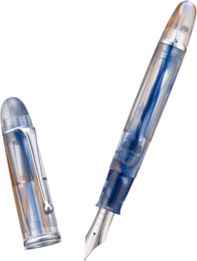Asvine V800 Fountain Pen – Vacuum Filling System with Large Ink Capacity – Smooth Number 8 Extra Fine Nib with Gift Case and Wrench – Blue Brown