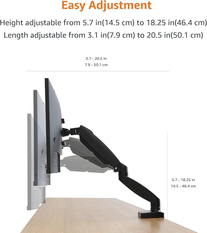 Amazon Basics Gas Spring Single Computer Monitor Arm Desk Mount, Adjustable, Holds up to 27" Monitors, Black