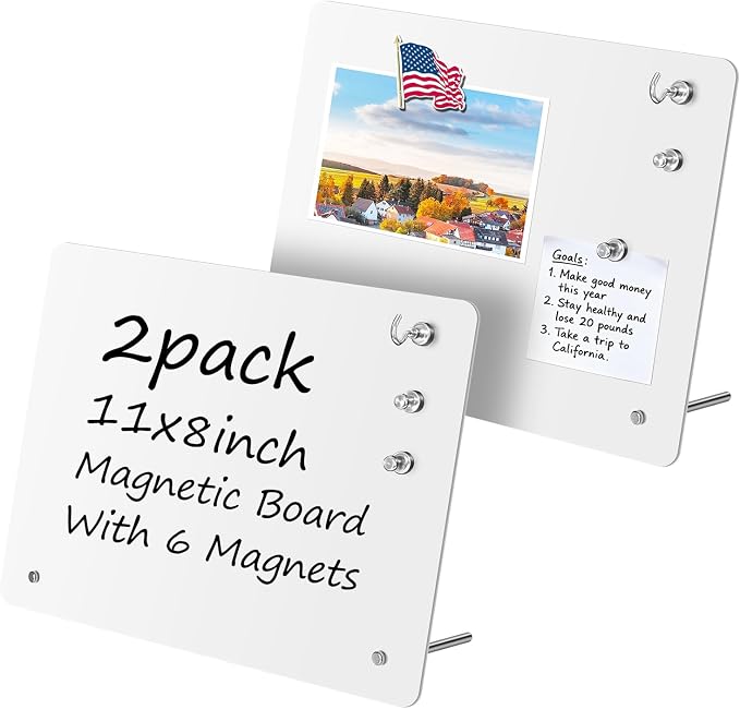 2 Pack Small Magnet Board - White Magnetic Board | 11x8Inch Metal Magnetic Bulletin Board with 6 Magnets, Magnet Display Stand for Home School Kitchen Office