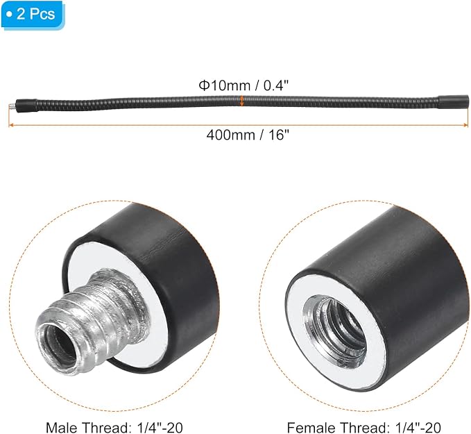 PATIKIL 16" Gooseneck, 2 Pcs 1/4"-20 Female to Male Thread Metal Universal Hose Flexible Arm Gooseneck Tube Extension Holder for Action Camera, Phone, Microphone, Black