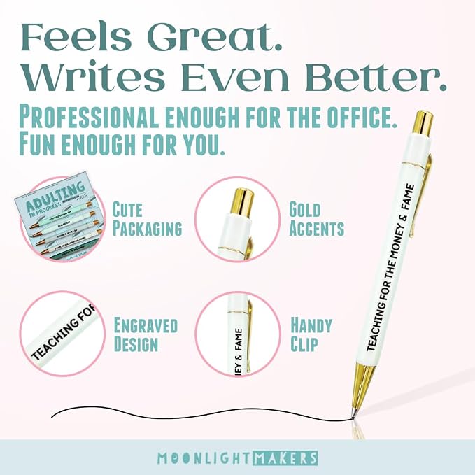Moonlight Makers - Set of 5 Ballpoint Pens Black Ink- Engraved Funny Pens for Adults - Adulting in Progress Appreciation Gifts - Ideal Desk Decor for Work and Office Desk - Cute Packaging, Handy Clips