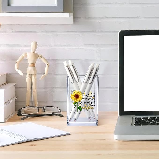 Rise Above The Storm and You Will find The Sunshine Acrylic Cosmetic Pencil Pen Holder Cup, Positive Sunflower Desk Organizer Accessories for Home Office Decor, Motivational Gifts for Women Girl