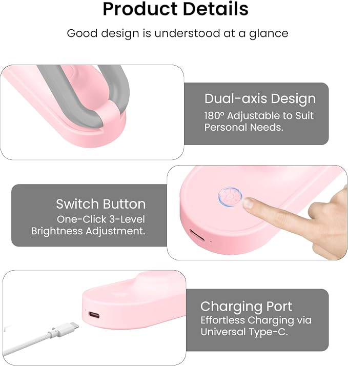 Rechargeable LED Desk Lamp, Foldable Portable Table Light with 3 Brightness Levels,Type-C USB Charging,Small Desk Lamp,Portable Bedside Wireless Reading Light,Home, Office, Nail Art,Craft,Pink