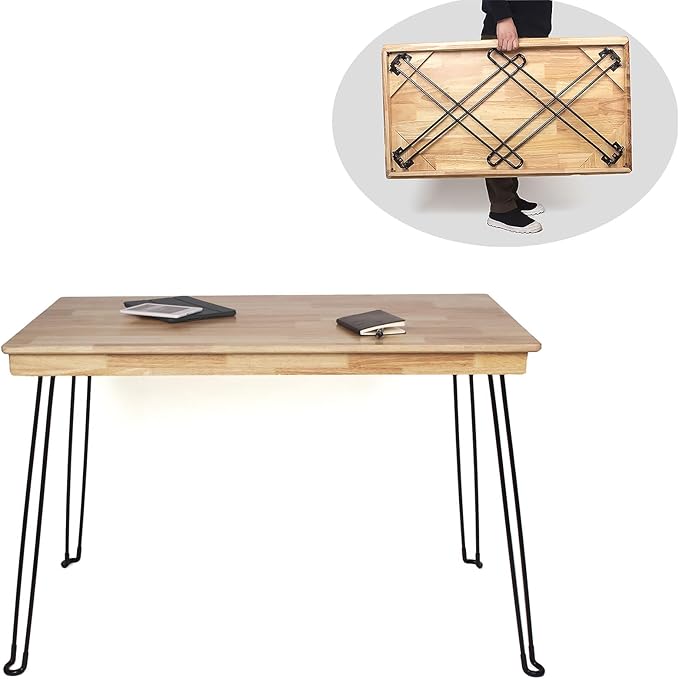 Folding Desk - 43 Inch Solid Oak Wood Small Folding Table with Sturdy Metal Legs and No Assembly Required - Space-Saving Portable Computer Workstation for Home Office Writing Reading