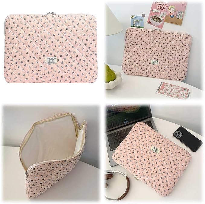 Cute Laptop Sleeve 13-15 inch Laptop Case Aesthetic Quilted Laptop Sleeve Computer Bag with Flower Printing for MacBook (A-Pink, 15inch)