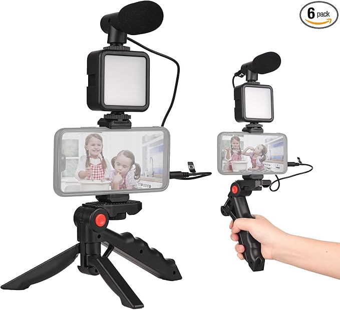 Andoer Smartphone Vlog Kit Mini LED Video Light + Cardioid Microphone + Extendable Phone Clip + Tripod with Adjustable Brightness for Live Stream Vlog Video Shooting Video Conference Selfie