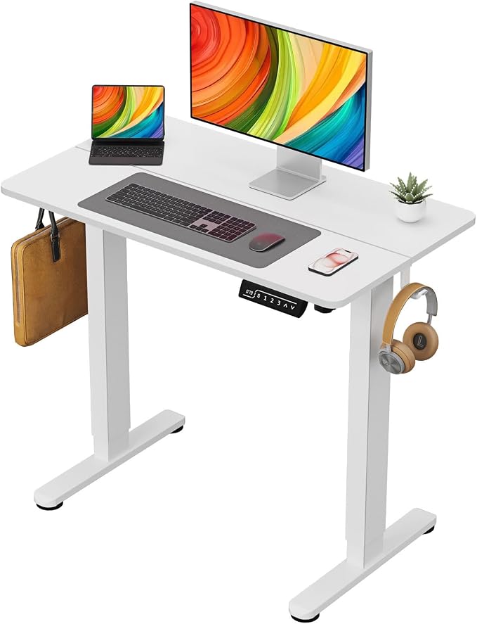 Small Electric Standing Desk, 35" ×20" White Standing Desk, Height Adjustable Compact Sit Stand Workstation with Splice Board, Home Office Desk with 2 Hooks