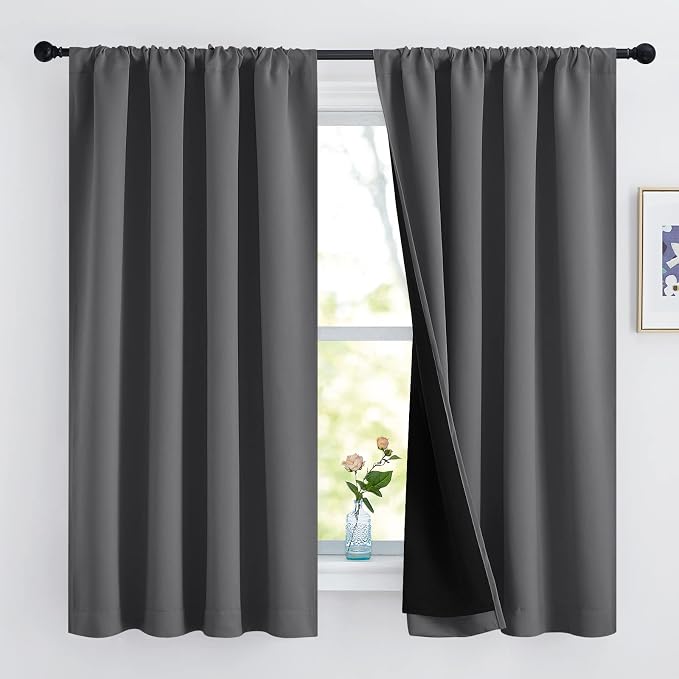NICETOWN 100% Blackout Cold Blocking Curtains 63 inches Long, Soft Thermal Insulated Rod Pocket 2-Layer Lined Drapes, Energy Efficiency Window Draperies for Bedroom (Grey, 2 Panels, 52-inch W)