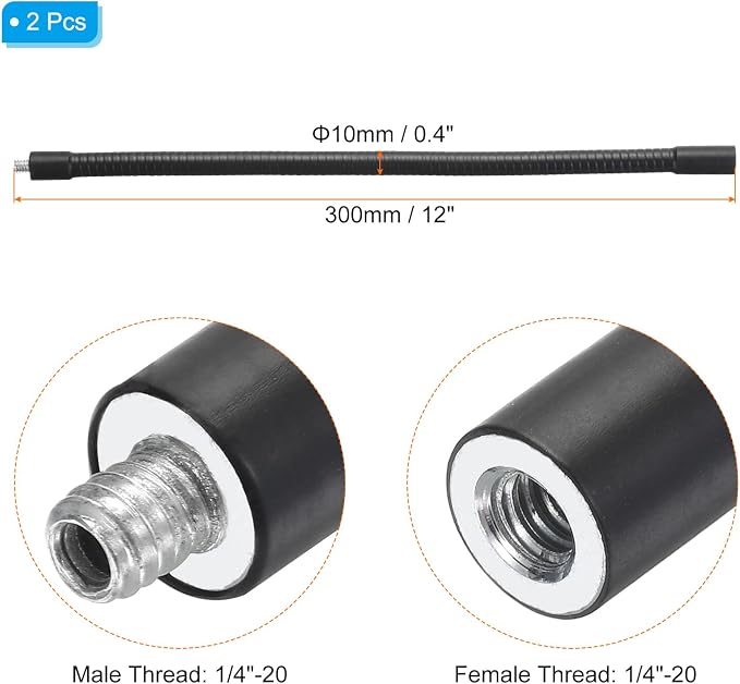 PATIKIL 12" Gooseneck, 2 Pcs 1/4"-20 Female to Male Thread Metal Universal Hose Flexible Arm Gooseneck Tube Extension Holder for Action Camera, Phone, Microphone, Black