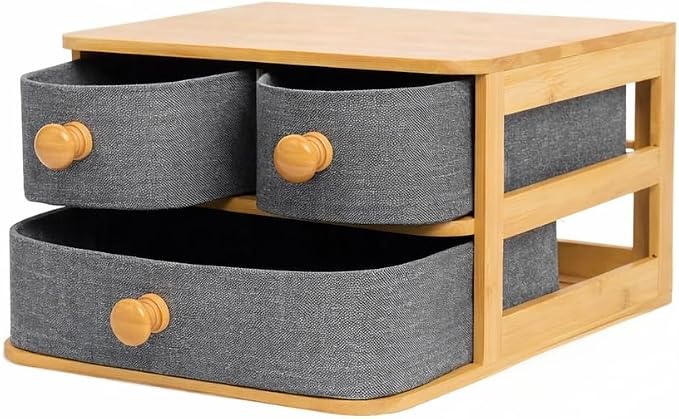 Bamboo Desk Organizer with 3 Drawers - Fabric Storage Box for Makeup, Jewelry, Office Supplies - Eco Friendly Wooden Organizer for Home & Office