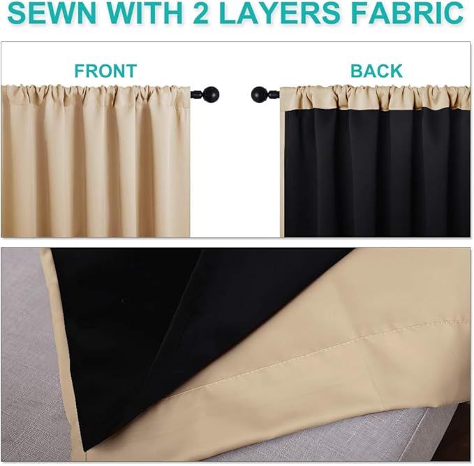 NICETOWN Living Room Completely Shaded Draperies, Privacy Protection & Noise Reducing Drapes, Black Lined Rod Pocket Window Treatment Curtain Panels(Biscotti Beige, 2 Pieces, W62 x L84)