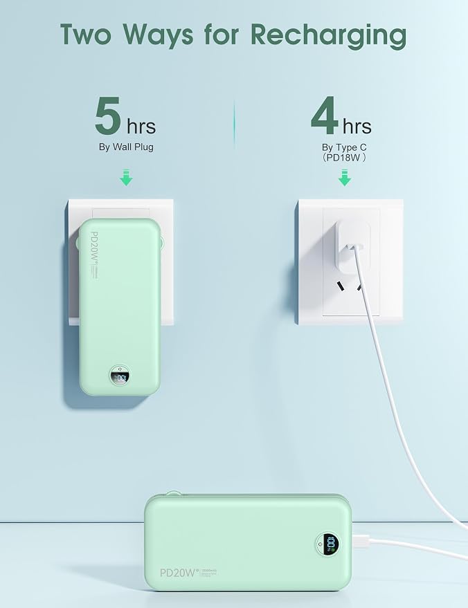 citicr Portable Charger 10000mAh PD20W w/Built-in Cables & Wall Plug Green | Fast charging, Built-in wall plug, LED display, Charge 5 devices at once, Pass through charging, TSA approved, Pocket size