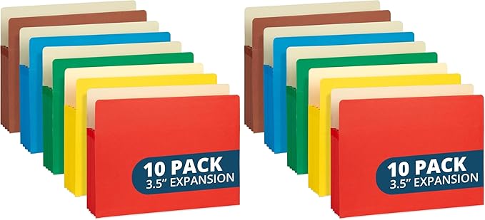Blue Summit 10 Expanding File Pockets, Accordion File Folders Letter Size, 3.5” Expandable Pockets, Assorted Colors (Pack of 2)