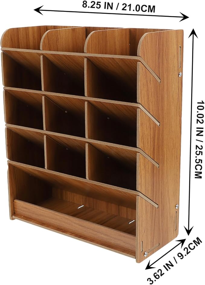 Ciieeo Multi-Grid Pen Box Wooden Pencil Case Pen Storage Box for Markers Pens Pencils Office Holder for Desk Stationery Storage Supply 10.03 X 8.26 X 3.62 in