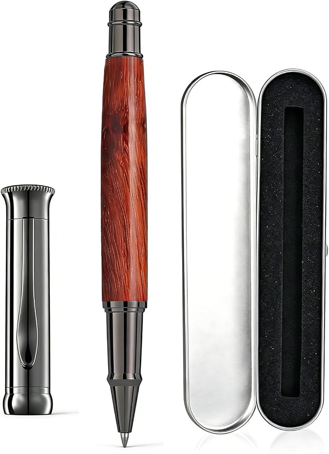 Luxury Rose Wood Rollerball Pen Set, 0.5mm Black Ink Handcrafted Rose Wood Signature Pen, Professional Executive Pens with Metal Box for Men Women