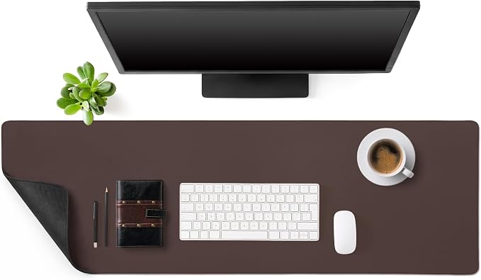Tegeme Genuine Leather Desk Mat Large Desk Pad 47.2 x 15.7 Inch Non Slip Leather Table Protector with Stitched Edges and Rubber Base Brown Stylish Laptop Mat Smooth Writing for Workspace Home Office