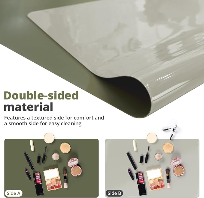 LovePads Makeup Mat for Vanity, 16 x 36 Dual-Sided Desk Pad & Vanity Cover Top, Waterproof PVC Protector Mat for Dresser, Nail Art, Craft Table (Green+Grey)