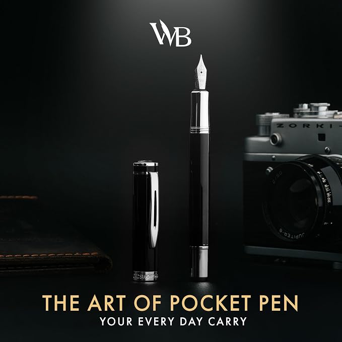 Wordsworth and Black Fountain Pen Mini EDC: Luxury Black Heavy Pocket Pen, Chrome Finish, Medium Nib, 6 Ink Cartridges, Ink Converter, Travel Refillable Writing Pen Gift Set, Men & Women