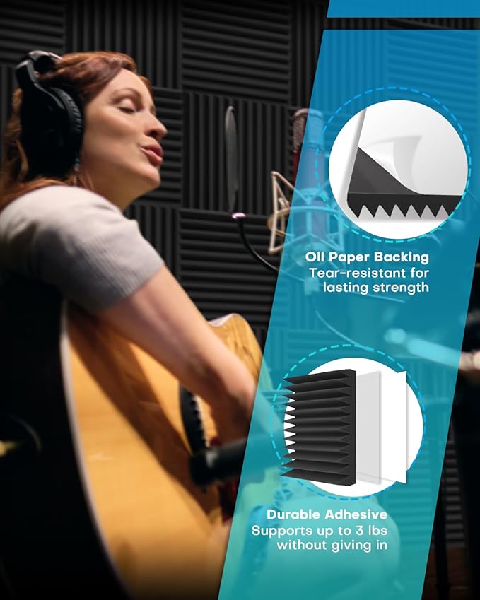 24 Pack Sound Proof Foam Panels for Walls with Self Adhesive, 12x12x2 Acoustic Foam Panels, High Density Acoustic Panels Sound Absorbing, Fire Resistant Studio Sound Proofing Black