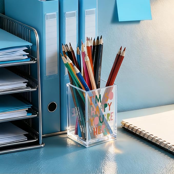 I'm So Happy You're Here Acrylic Cosmetic Pencil Holder Cup, Funny Boho Pen Holder for Women, Home Office Classroom Desk Accessories, Inspirational Gifts for Daughter, Make up Brush Organizer