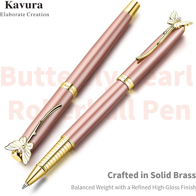 Butterfly & Pearl Rollerball Pen – Elegant Brass Pen Gift Set for Women, Jewelry-Inspired Design, Glossy Finish, with German Refill, Gift for Her, Graduation & New Beginnings (Rose Gold)