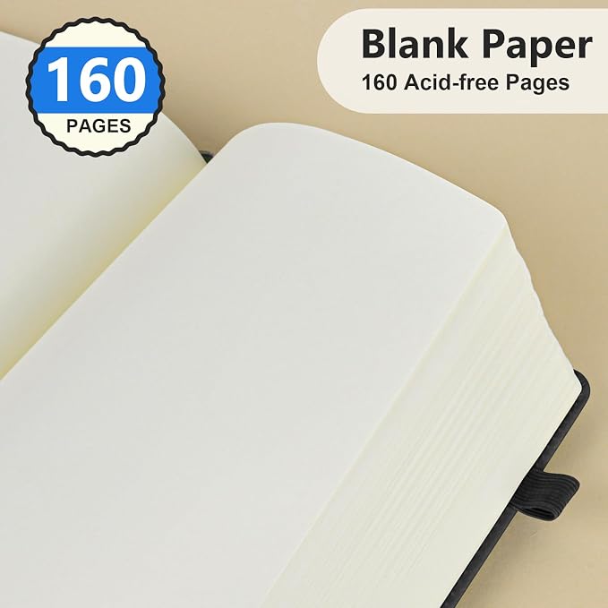 PERCUN Blank Journal Ntebook for Men & Women, 160 Pages Leather Journals for Writing, Drawing Sketch Book,5.9" x 8.5" Hardcover Sketchbook, Unlined Notebooks for Work, School, Art (Black)