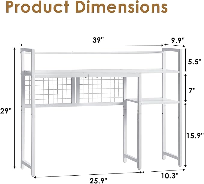 4-Tier Desk Hutch Shelf with Grid Panel, 39” Desktop Bookshelf for Monitor, Office & Home (White, 39")
