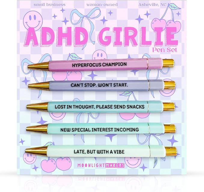 Moonlight Makers - Set of 5 Ballpoint Pens Black Ink - Engraved Funny Pens for Adults - ADHD Girlie Appreciation Adult Gifts - Ideal Desk Decor for Work and Office Desk - Cute Packaging, Handy Clips