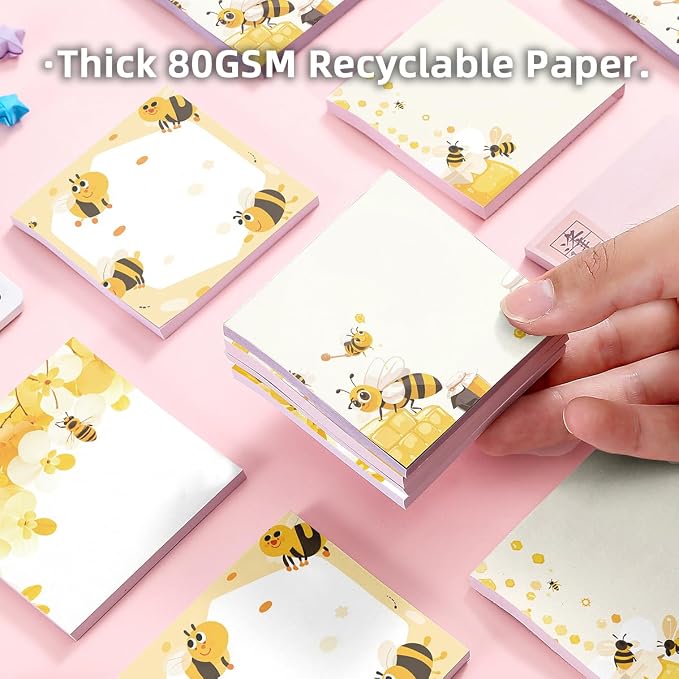 4-Pads 3x3 Sticky Notes, Bee Memo Pads with High-Adhesive, Animal Self-Stick Notes, Reusable & Tearable for Journal Planners Office School Home, Cute Stationery Gift - Bee Honey