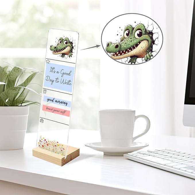 Sticky Note Holder, Monitor Memo Board, Acrylic Post It Note Holder with Wooden Base, Includes 200 Notes, Desk Organizer for Office, Cute Crocodile Design