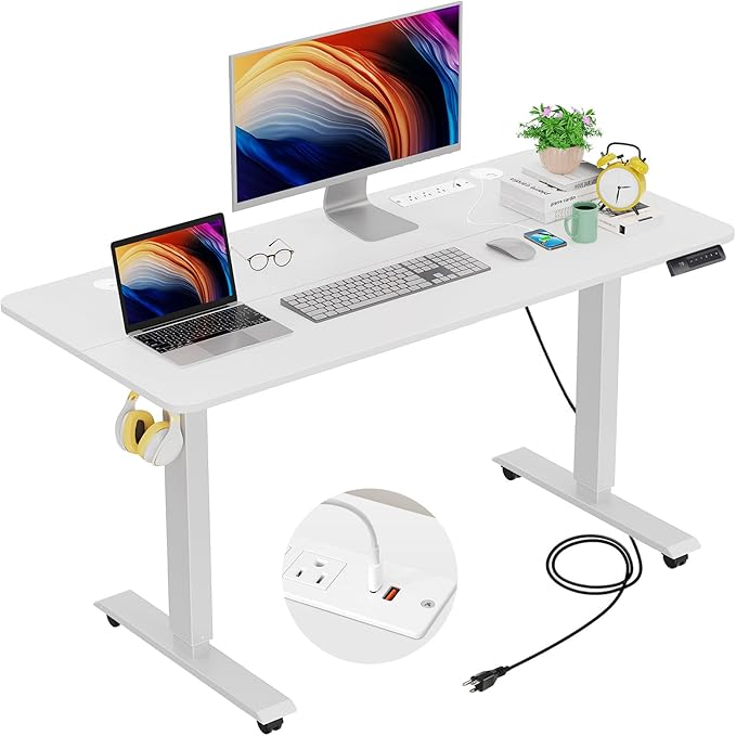 farexon 48 x 24 inch Standing Desk Electric Adjustable Height with Charging Station,USB Outlets, Stand up Desk with Wheels, Preset Heights Home Office Gaming Computer Workstations Table(White)