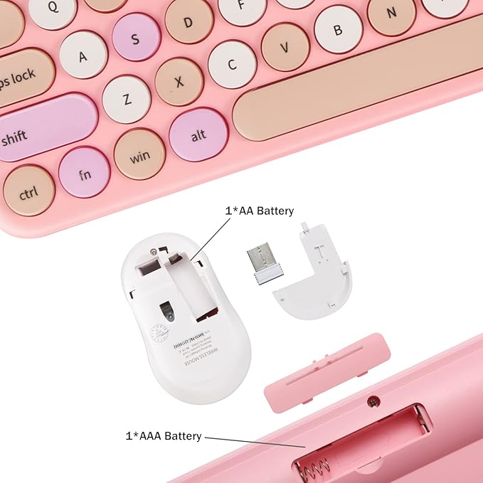 Wireless Keyboard and Mouse Combo, Retro Typewriter Keyboard with Round Keycaps, 2.4GHz USB Cute Wireless Keyboard Mouse for Computer, Desktop, Laptop and Computer (Pink-Colorful)