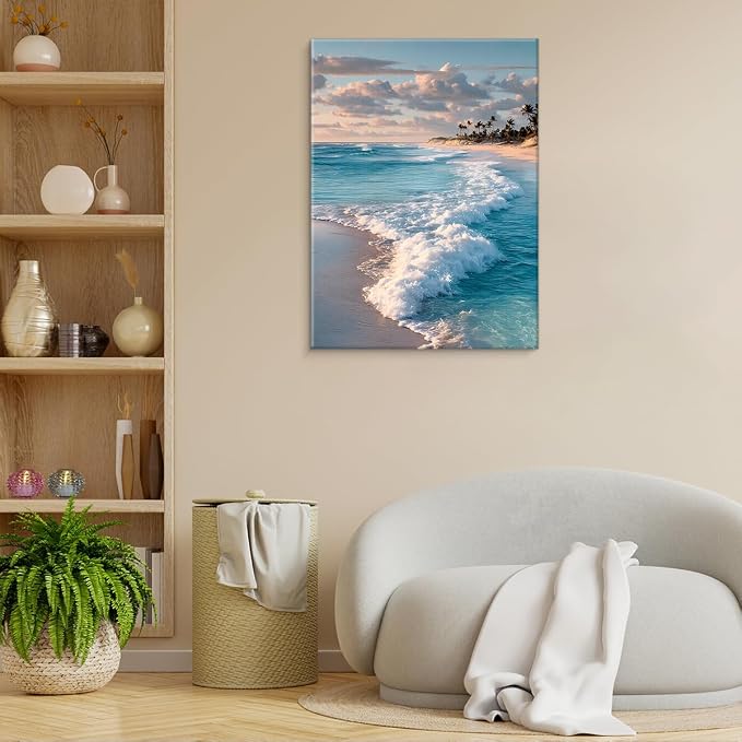 Coastal Ocean Wave Wall Art Decor Seascape Beach Painting Picture Artwork Blue Ocean Aesthetic Wall Decor for Home Beach Room Bedroom 11x15 Canvas Framed